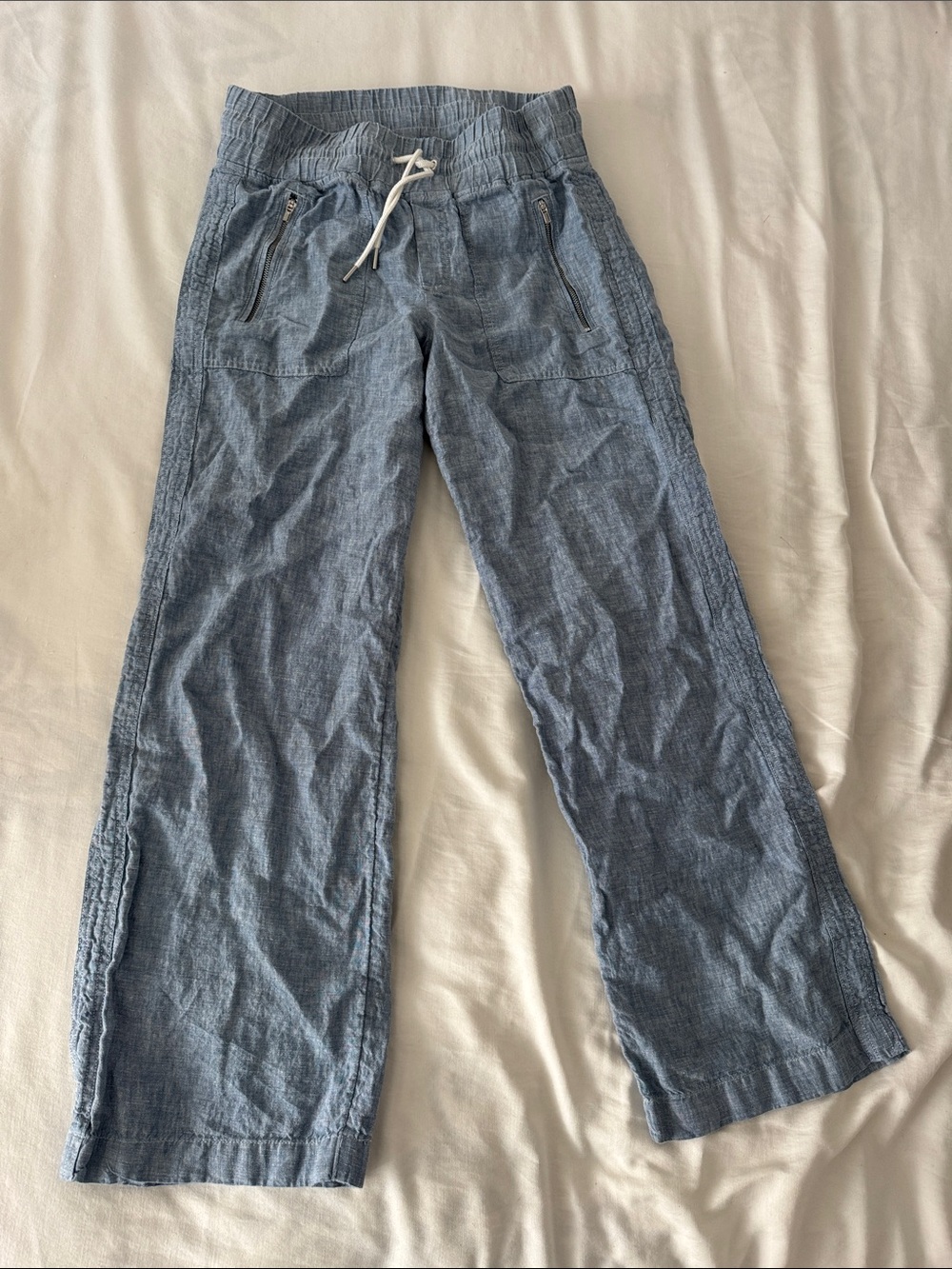 Athleta 100% Linen Light Blue Wide-Leg Drawstring Pants